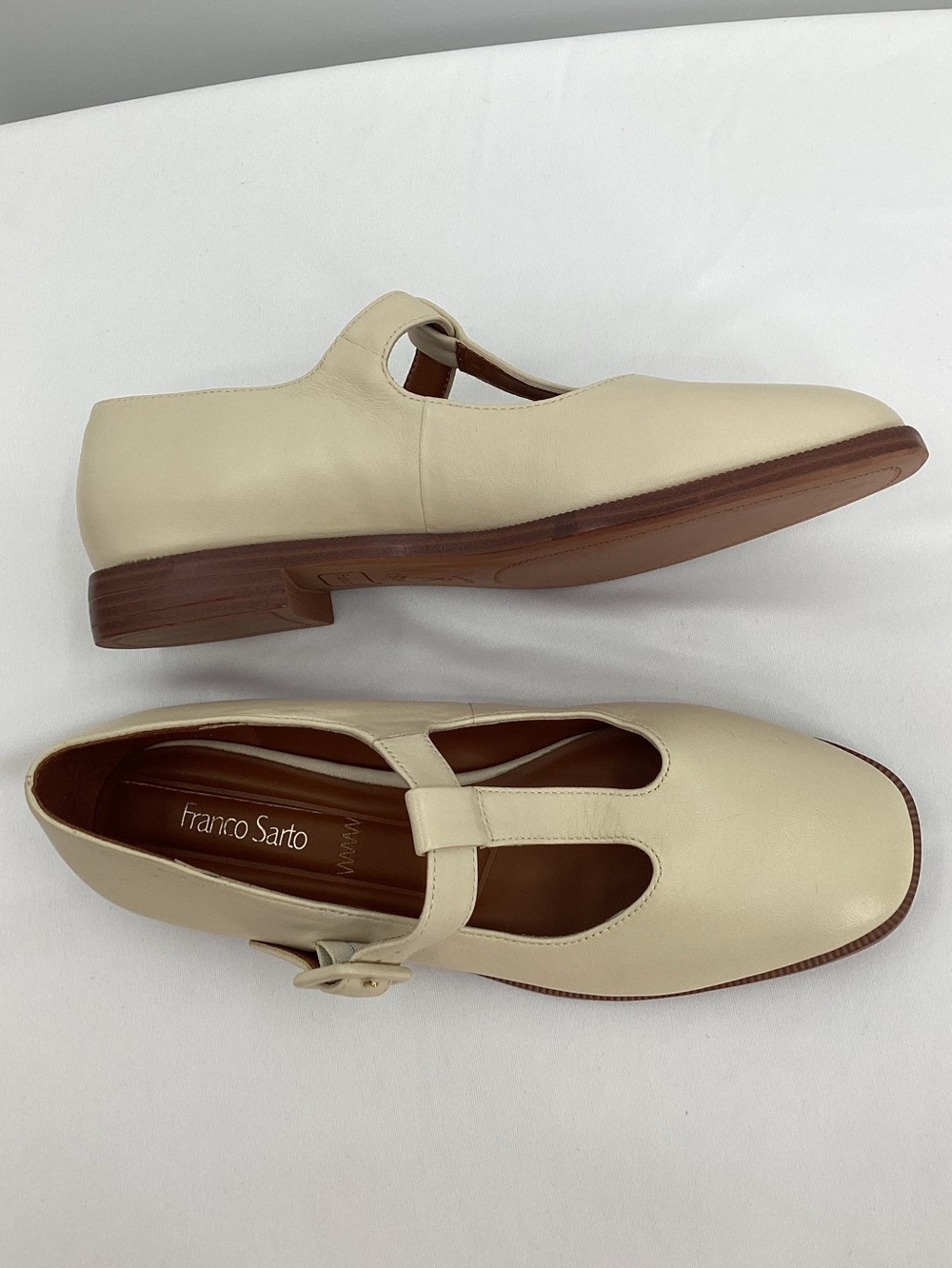 Franco Sarto Kenley Round Toe Mary Jane Beige Leather T-Strap Flats